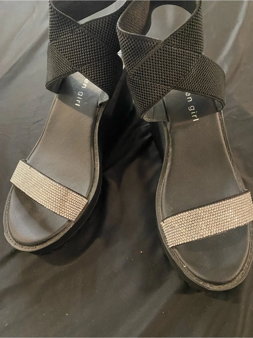 Black Wedge Sandals with Rhinestone Strap